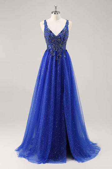 Glitter Royal Blue Beaded A Line Abito da cerimonia lungo con fessura